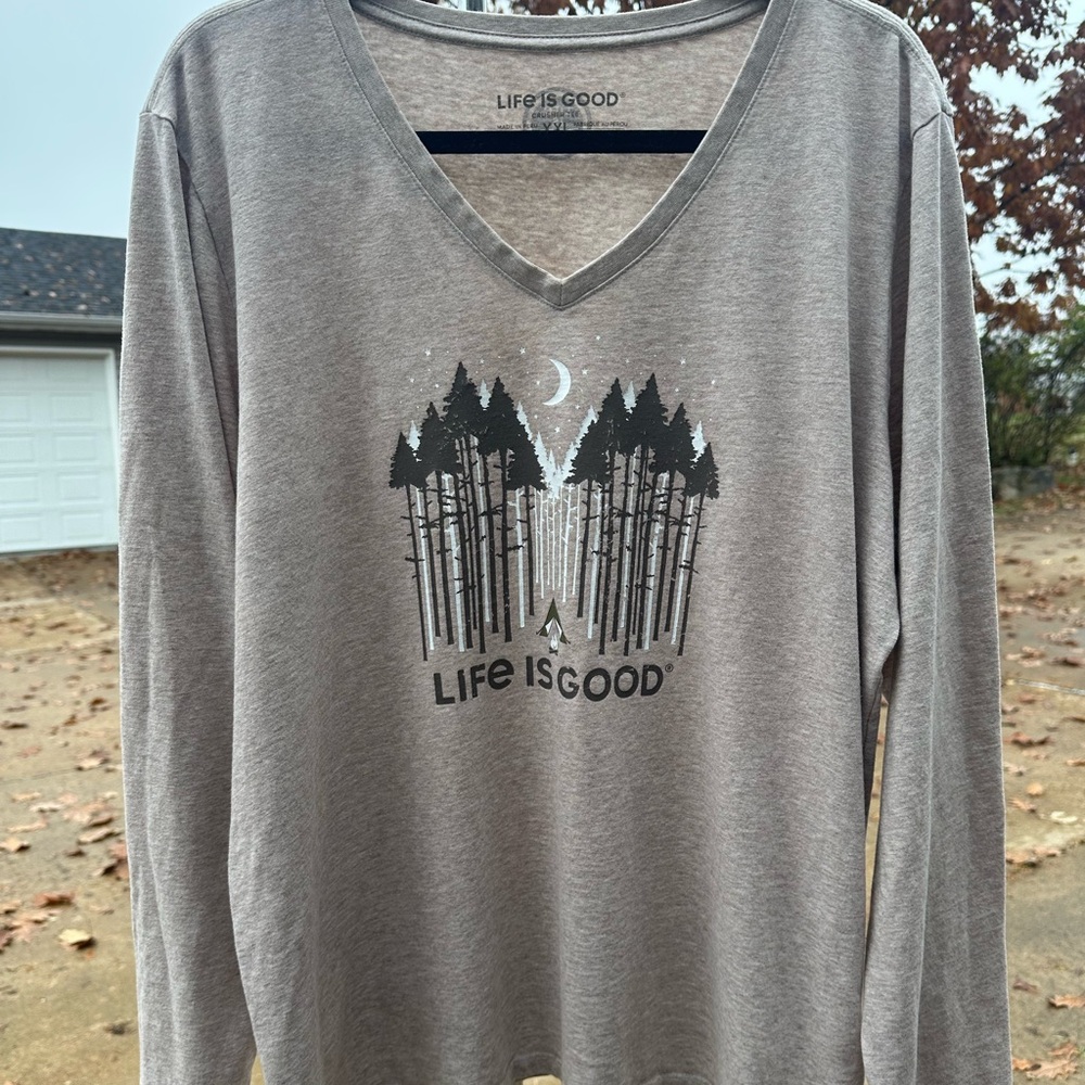 Life is Good TAN Long Sleeve Shirt. V-neck. Looks grey in picture but is tan XXL